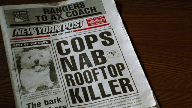 Wide shot frame from You've Got Mail — dog, face, newspaper