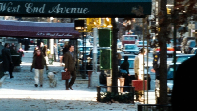 Wide shot frame from You've Got Mail — walking, street, dog