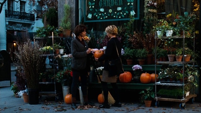 Wide shot frame from You've Got Mail — standing, dialogue, flower