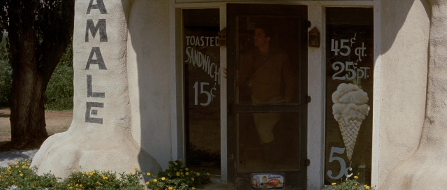 Wide shot frame from The Rocketeer — door, house, glass