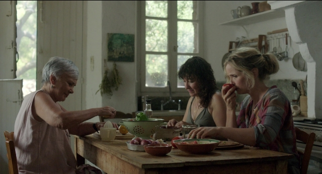 Wide shot frame from Before Midnight — sitting, table, dialogue