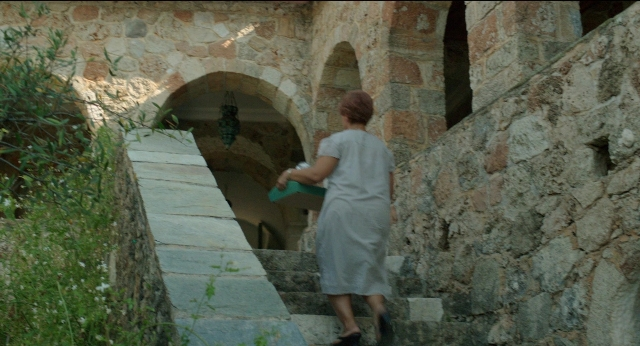 Medium shot frame from Before Midnight — walking, hand, dress