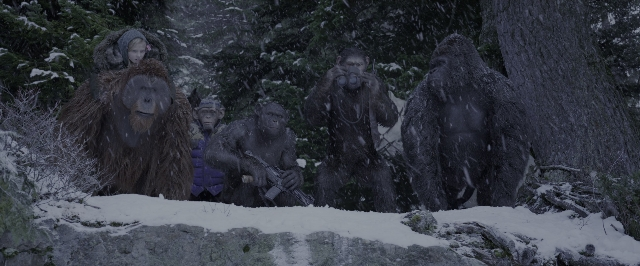 Wide shot frame from War for the Planet of the Apes — standing, monkey, gun