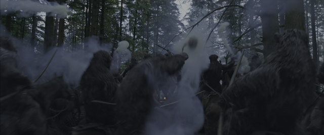 Wide shot frame from War for the Planet of the Apes — standing, animal, forest