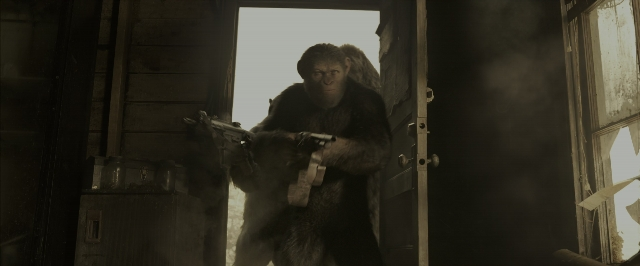Wide shot frame from War for the Planet of the Apes — standing, room, monkey