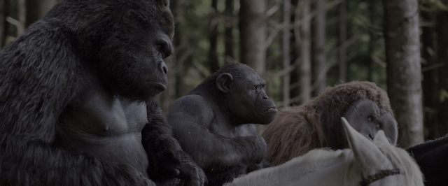 Wide shot frame from War for the Planet of the Apes — sitting, standing, monkey