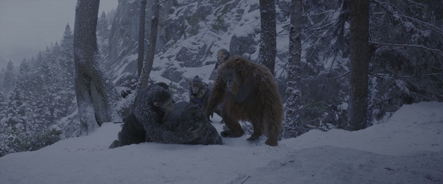 Wide shot frame from War for the Planet of the Apes — sitting, standing, monkey