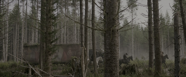 Wide shot frame from War for the Planet of the Apes — walking, horse, forest