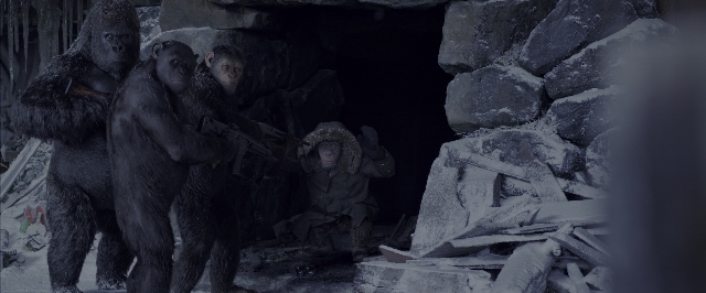 Wide shot frame from War for the Planet of the Apes — sitting, standing, animal