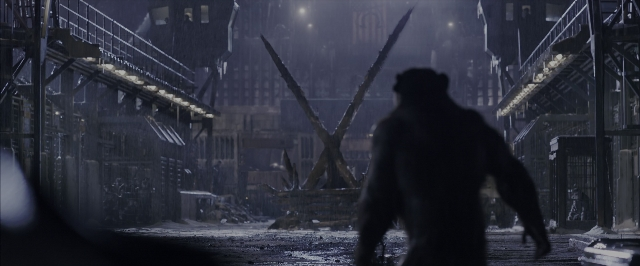 Wide shot frame from War for the Planet of the Apes — walking, street, hat