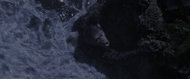 Wide shot frame from War for the Planet of the Apes — animal, water, face