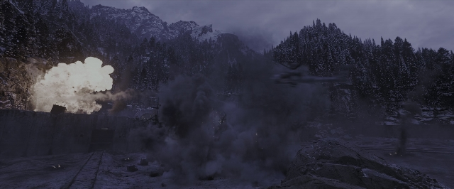 Wide shot frame from War for the Planet of the Apes — smoke, snow, fountain
