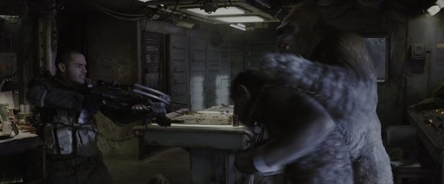 Wide shot frame from War for the Planet of the Apes — standing, room, uniform