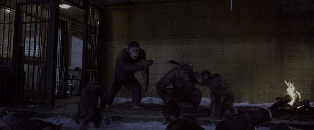 Wide shot frame from War for the Planet of the Apes — sitting, standing, room