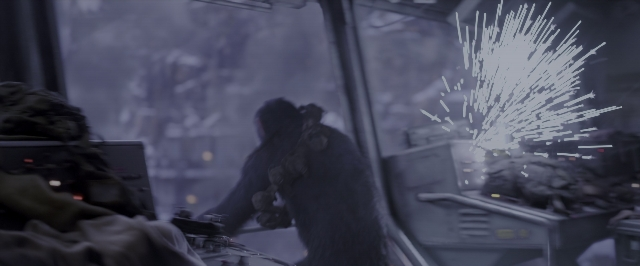 Wide shot frame from War for the Planet of the Apes — sitting, face, boat