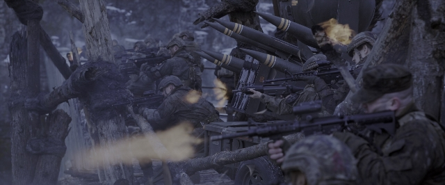 Wide shot frame from War for the Planet of the Apes — gun, person