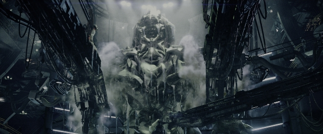 Wide shot frame from Transformers — standing, room, smoke
