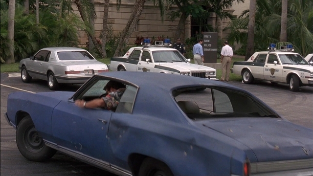 Wide shot frame from Ace Ventura: Pet Detective — sitting, standing, car
