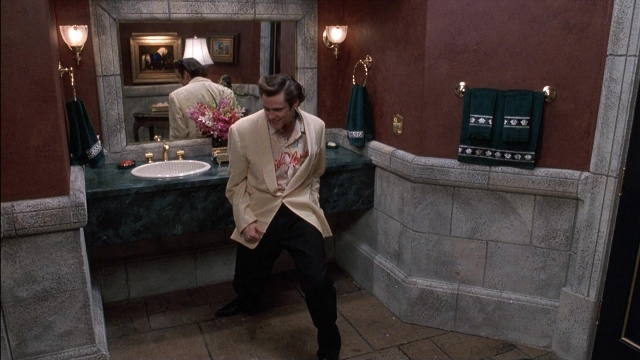 Wide shot frame from Ace Ventura: Pet Detective — standing, mirror, bathroom