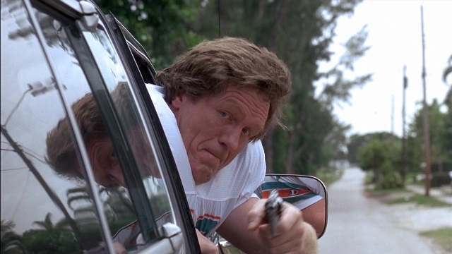 Wide shot frame from Ace Ventura: Pet Detective — sitting, street, mirror
