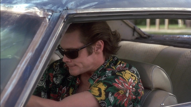 Medium shot frame from Ace Ventura: Pet Detective — sitting, car, shirt