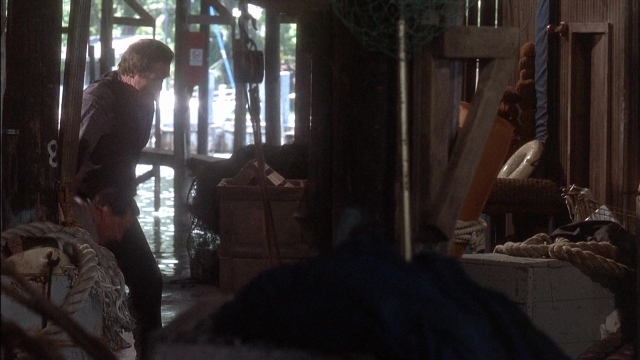Wide shot frame from Ace Ventura: Pet Detective — standing, room, boat