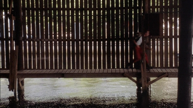 Wide shot frame from Ace Ventura: Pet Detective — standing, walking, water