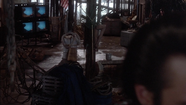 Wide shot frame from Ace Ventura: Pet Detective — room, table, person