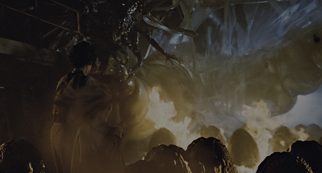 Wide shot frame from Aliens — standing, smoke, person