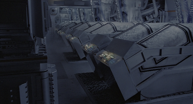 Wide shot frame from Aliens — room, car, window