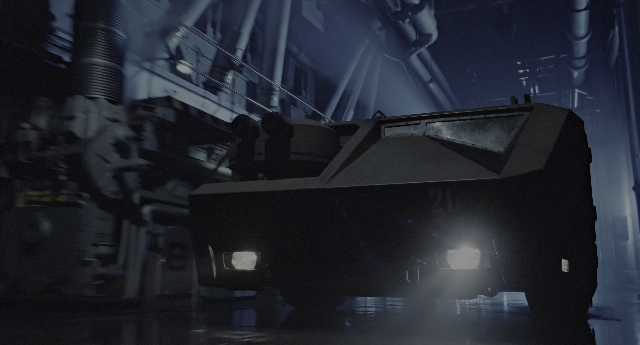 Wide shot frame from Aliens — car, smoke, land vehicle