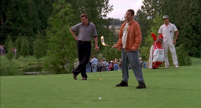 Wide shot frame from Happy Gilmore — standing, shirt, bag