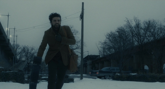 Wide shot frame from Inside Llewyn Davis — walking, street, car