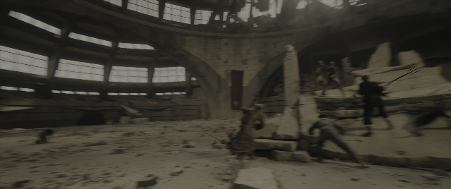 Wide shot frame from The Hunger Games: The Ballad of Songbirds & Snakes — walking, person, window
