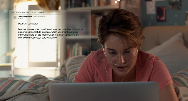 Medium shot frame from The Fault in Our Stars — sitting, bed, shirt