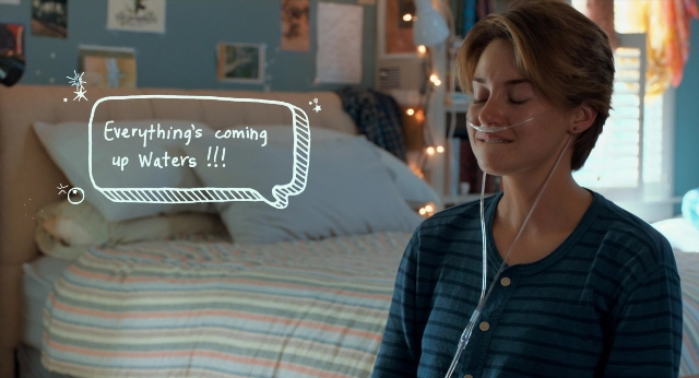 Wide shot frame from The Fault in Our Stars — sitting, bed, shirt