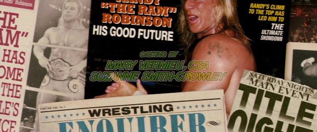 Wide shot frame from The Wrestler — book, face, hair