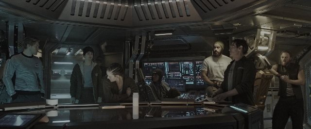 Wide shot frame from Alien: Covenant — standing, room, dialogue