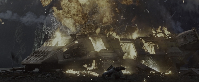 Wide shot frame from Alien: Covenant — fire, night, water