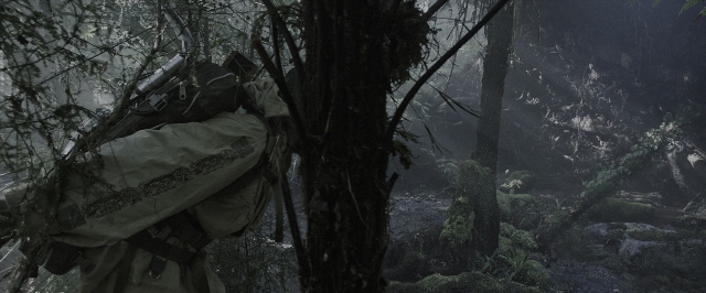 Wide shot frame from Alien: Covenant — standing, forest, person