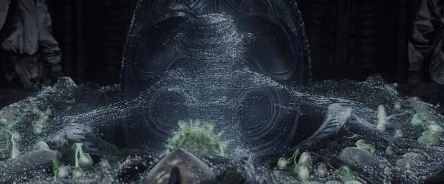 Wide shot frame from Alien: Covenant — standing, bed, fountain