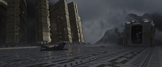 Wide shot frame from Alien: Covenant — door, car, gun
