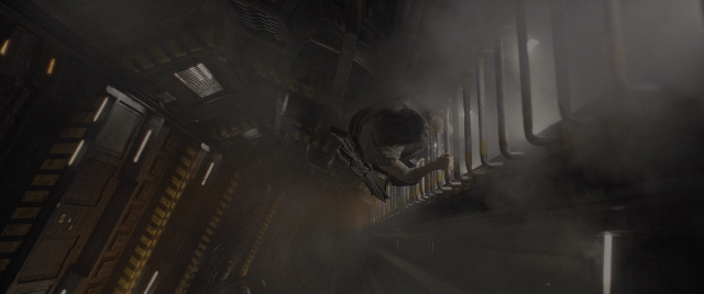 Wide shot frame from Alien: Romulus — room, gun, smoke
