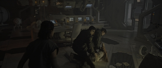 Wide shot frame from Alien: Romulus — room, dialogue, shirt