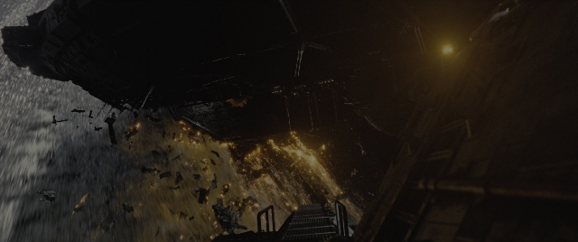 Wide shot frame from Alien: Romulus — boat, smoke, person