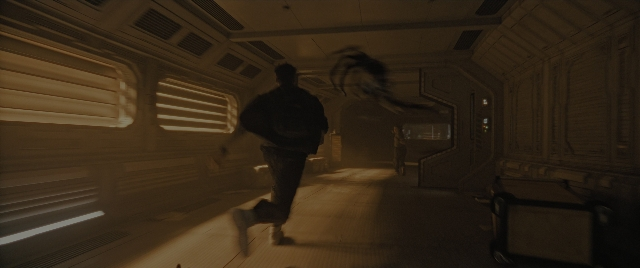 Wide shot frame from Alien: Romulus — walking, person, window