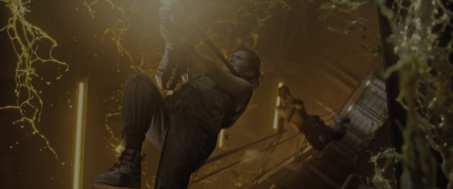 Wide shot frame from Alien: Romulus — standing, hand, gun