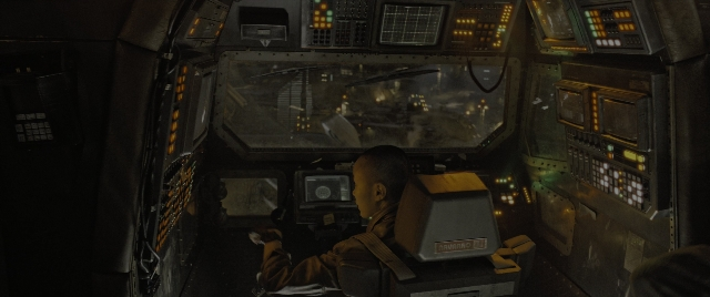 Wide shot frame from Alien: Romulus — sitting, room, car