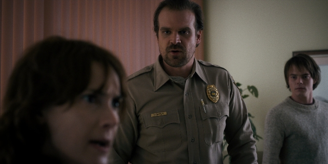 Wide shot frame from Stranger Things — standing, room, uniform