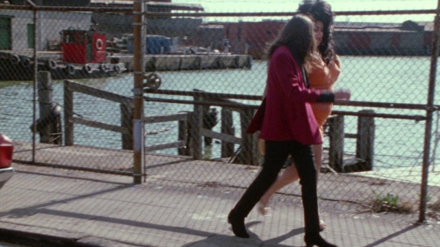 Wide shot frame from Female Trouble — walking, dialogue, street